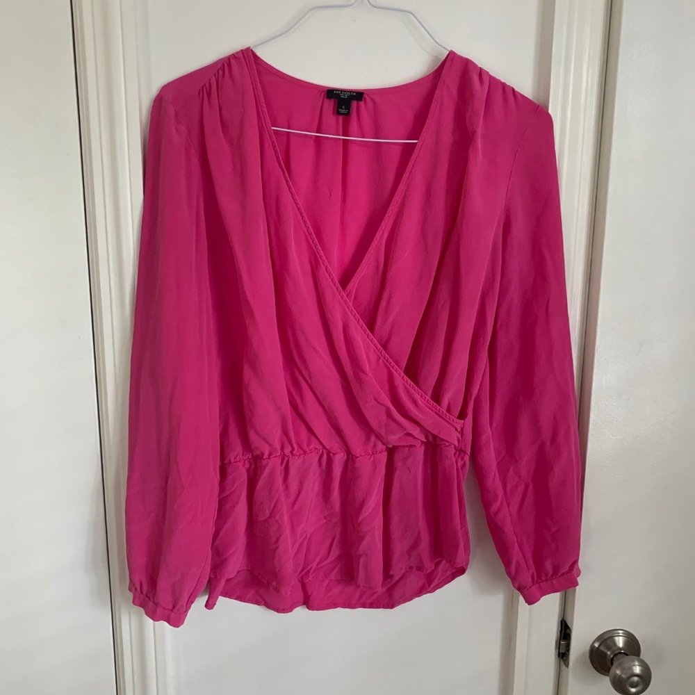 Ann Taylor Hot Pink Long Sleeve Wrap Style Blouse